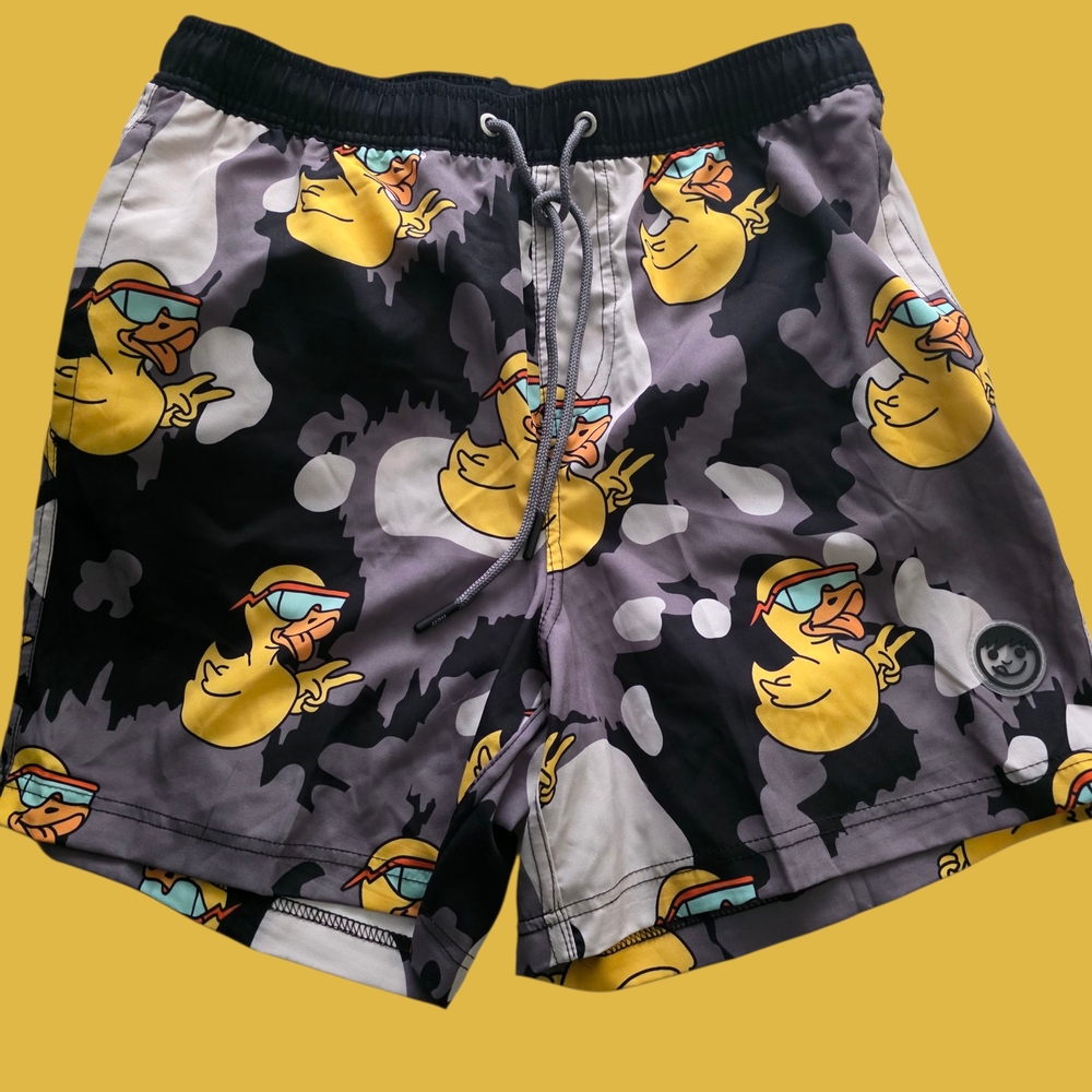 Neff Yellow Duck Print Board Shorts - Black and Gray Size L